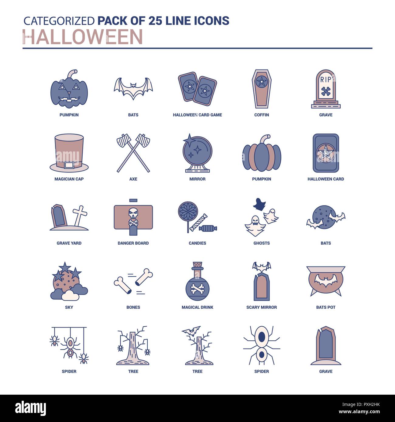 Vintage Halloween Icon Set - 25 Flat Line Icon Set Stock Vector Image ...