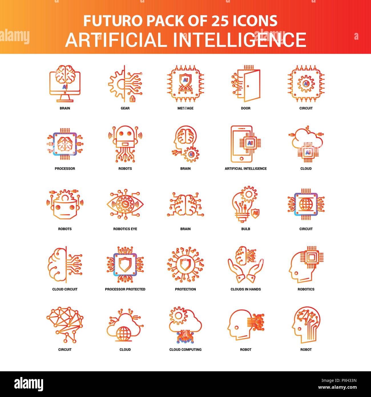 Orange Futuro 25 Artificial Intelligence Icon Set Stock Vector Image