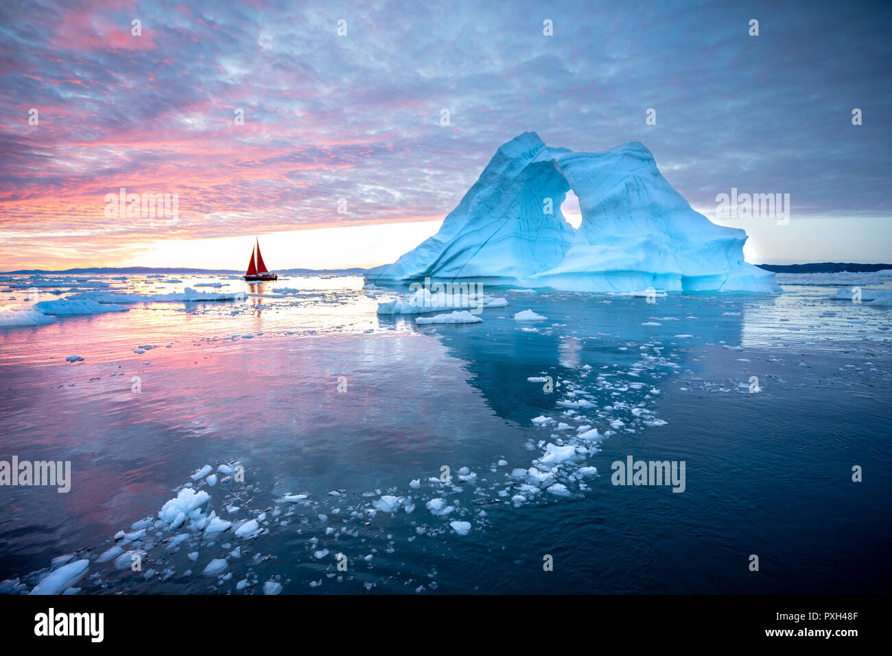 Little red sailboat cruising among floating icebergs in ...