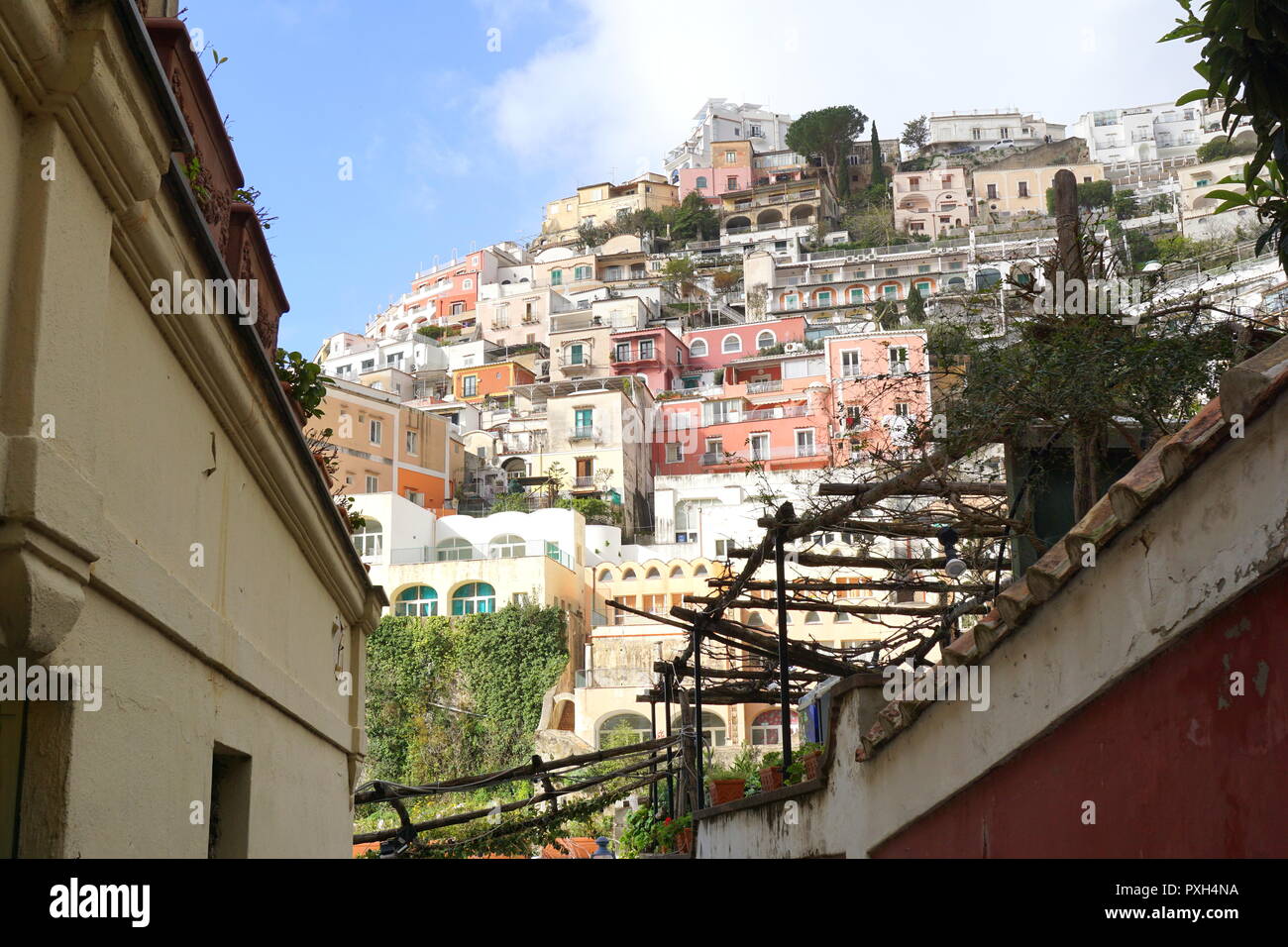 Colorful homes on a steep mountain in Positano, a cliffside village on southern Italy's Amalfi Coast Stock Photo