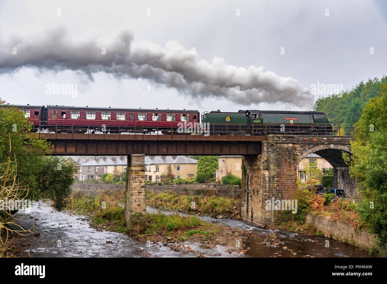 City of Wells Bulleid steam locomotive atI Brooksbottom viaduct on the ...
