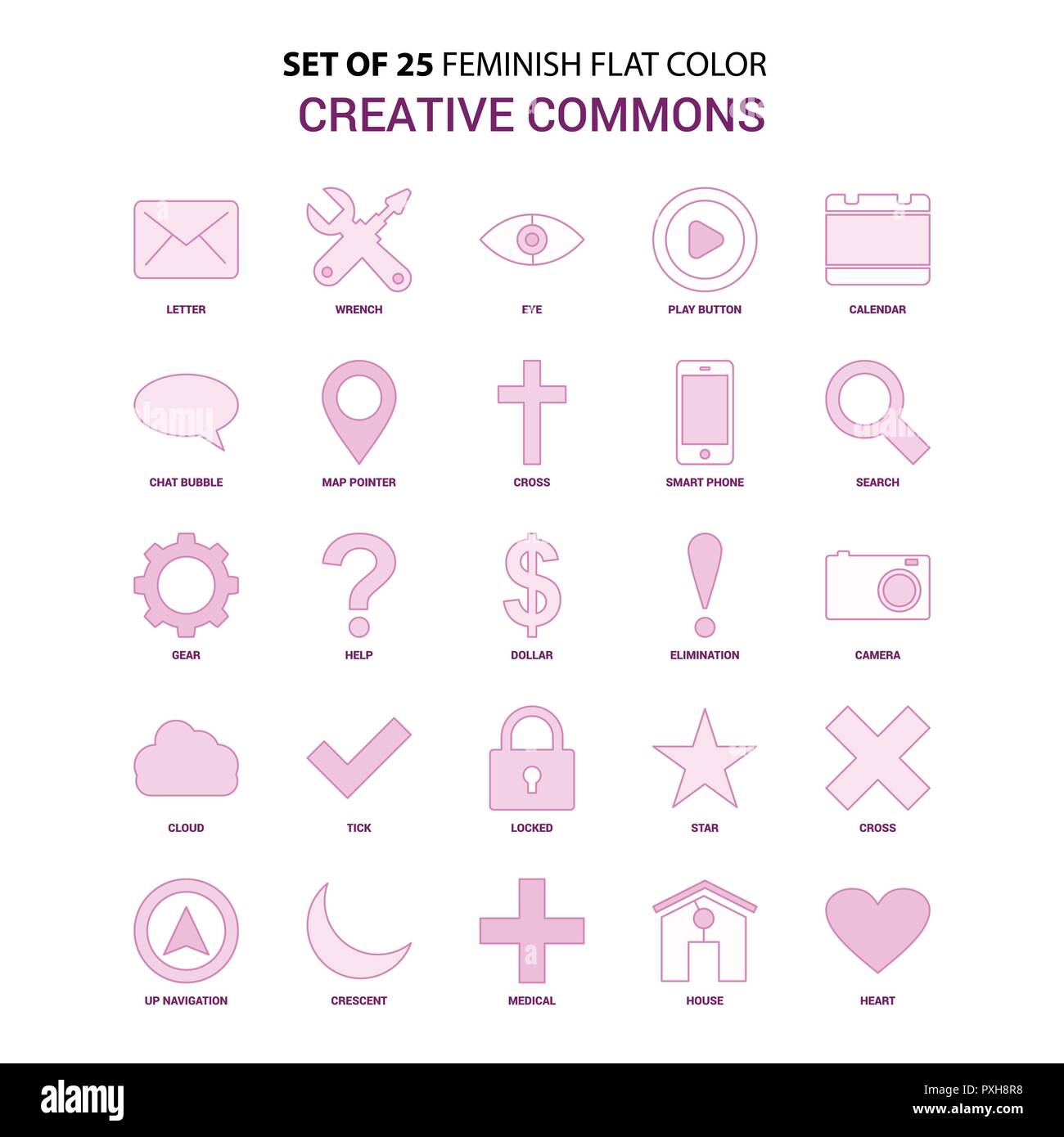 Set of 25 Feminish Creative Commons Flat Color Pink Icon set Stock Vector