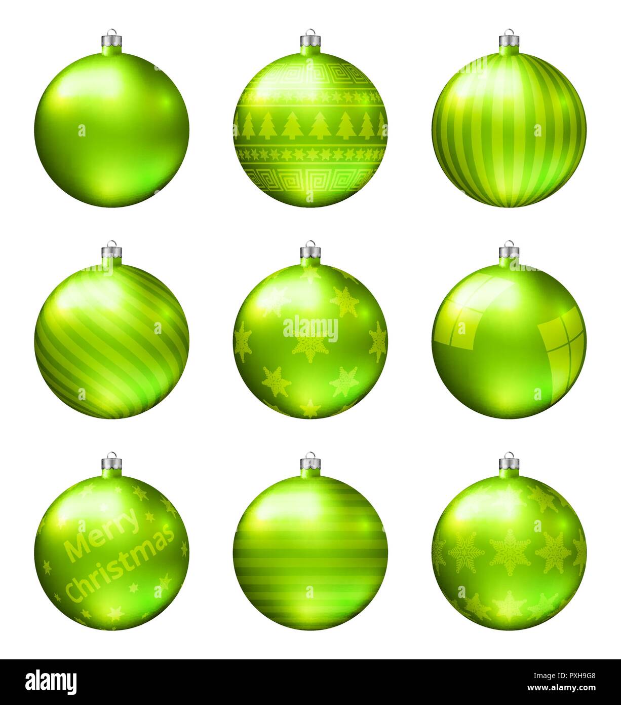 Light green christmas balls isolated on white background. Photorealistic high quality vector set of christmas baubles. Different pattern. Stock Vector