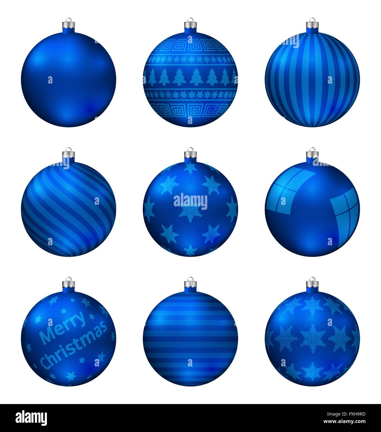 Blue christmas balls isolated on white background. Photorealistic high quality vector set of christmas baubles. Different pattern. Stock Vector