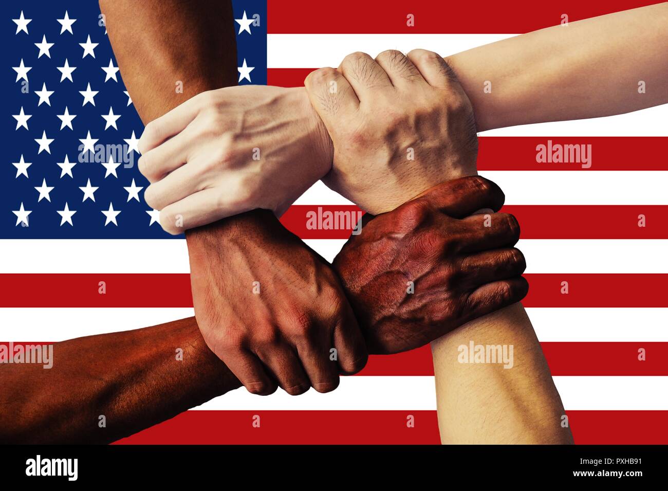 United States Flag multicultural group of young people integration diversity isolated. Stock Photo