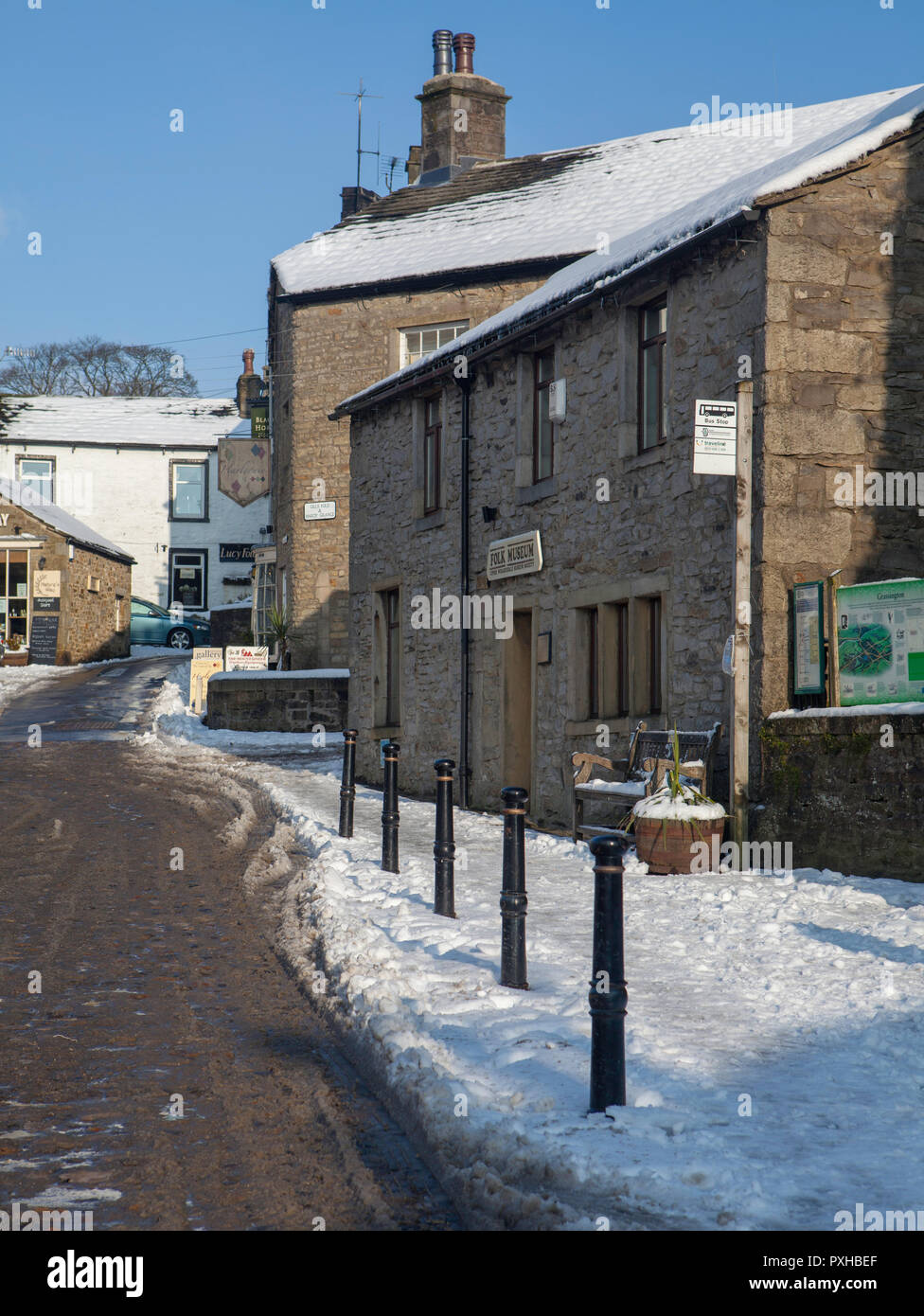 Winter view of Grassington Folk Museum in North Yorkshire after snow Stock Photo