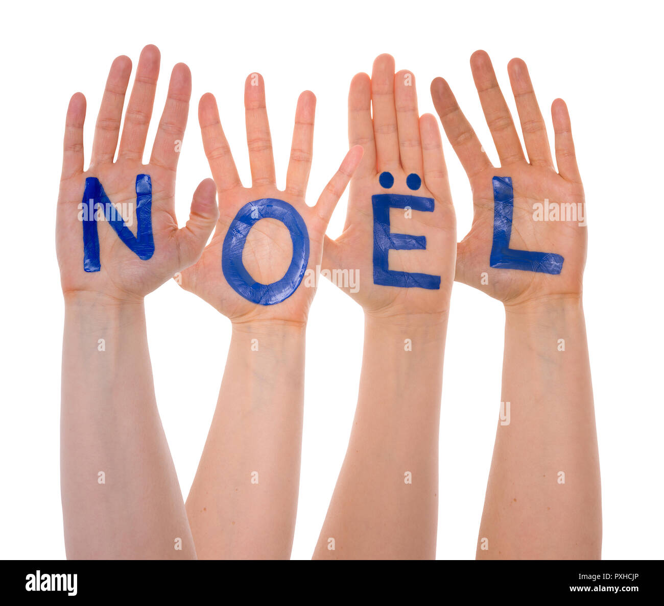 Many Hands Building Noel Means Christmas, Isolated Stock Photo