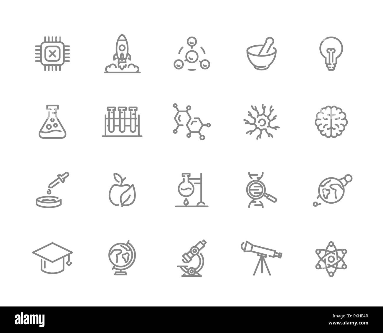 Set of science and research line icons. Chip, rocket, atom, ion, lamp, tube, bulb, neuron, brain, dna, molecule, lab, space, microscope, telescope and more. Stock Photo