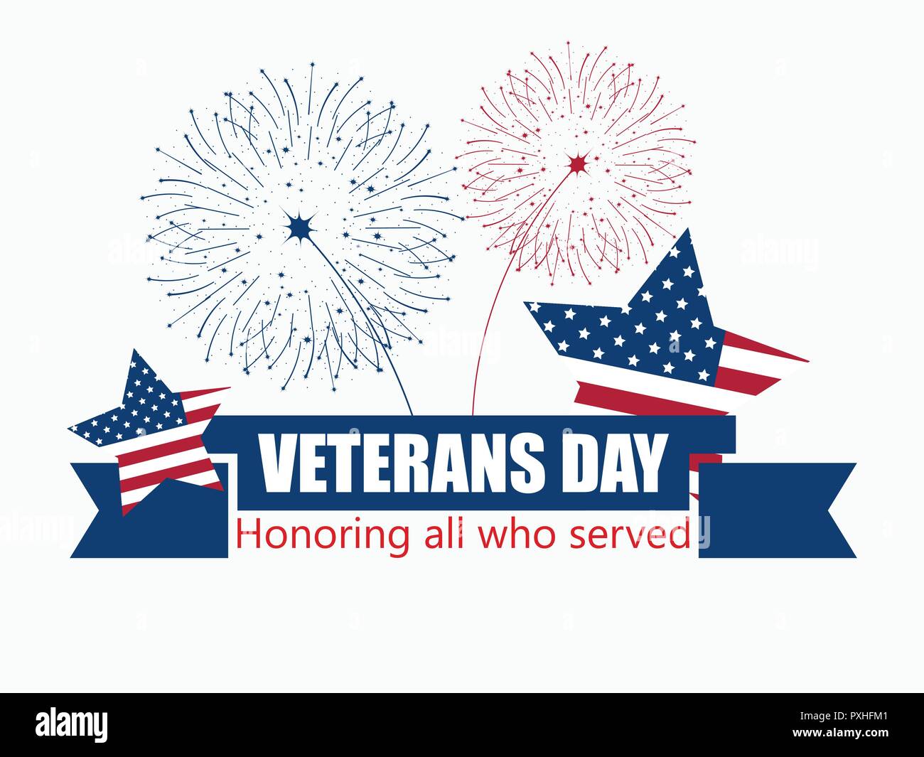 Happy Veterans Day 11th of November. Honoring all who served. Greeting card with ribbon, stars and fireworks. Five-pointed star with flag usa. Vector  Stock Vector