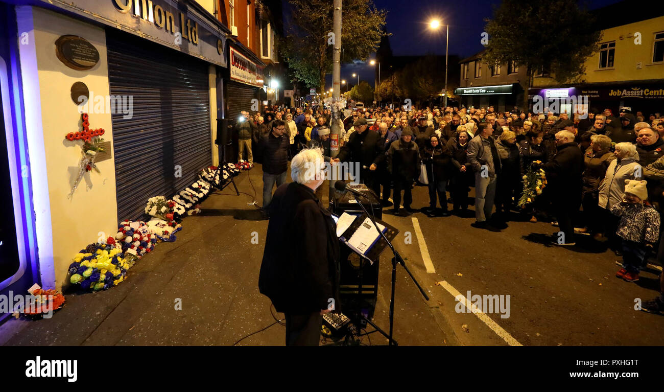 Members of the public take part in a memorial march in Belfast, to mark the 25th anniversary of the Shankill Road bombing in which nine innocent people were killed by an IRA bomb. Stock Photo