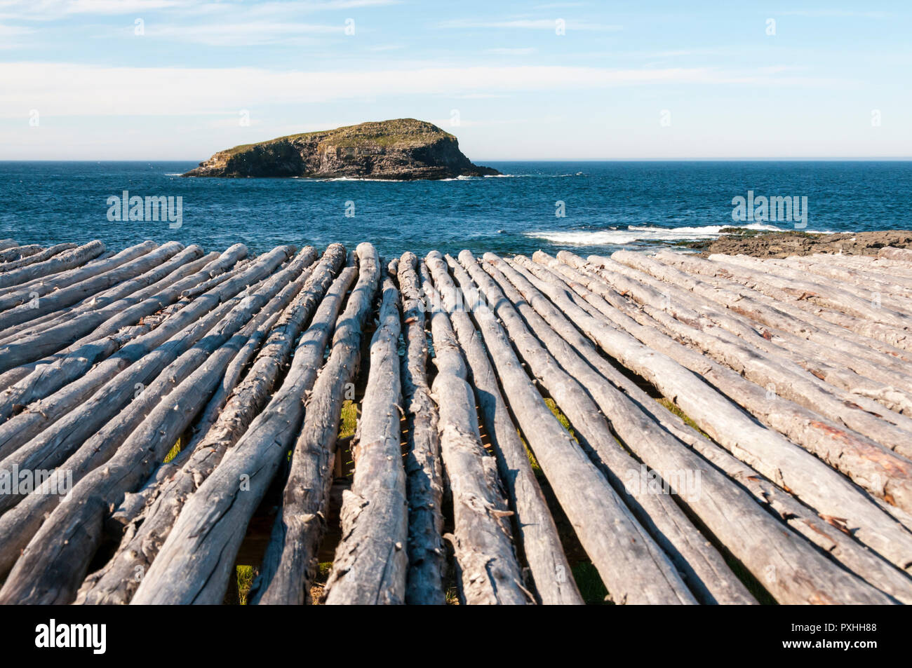 A Newfoundland fish flake, a raised wooden platform for drying fish. Stock Photo