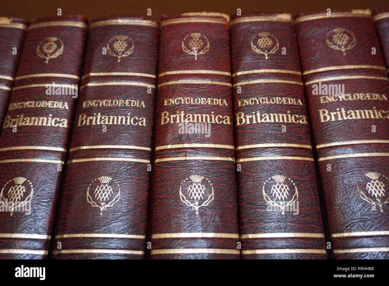 Rijeka, Croatia, September 25, 2018. Encyclopedia Britannica series books lined on the library bookshelf Stock Photo