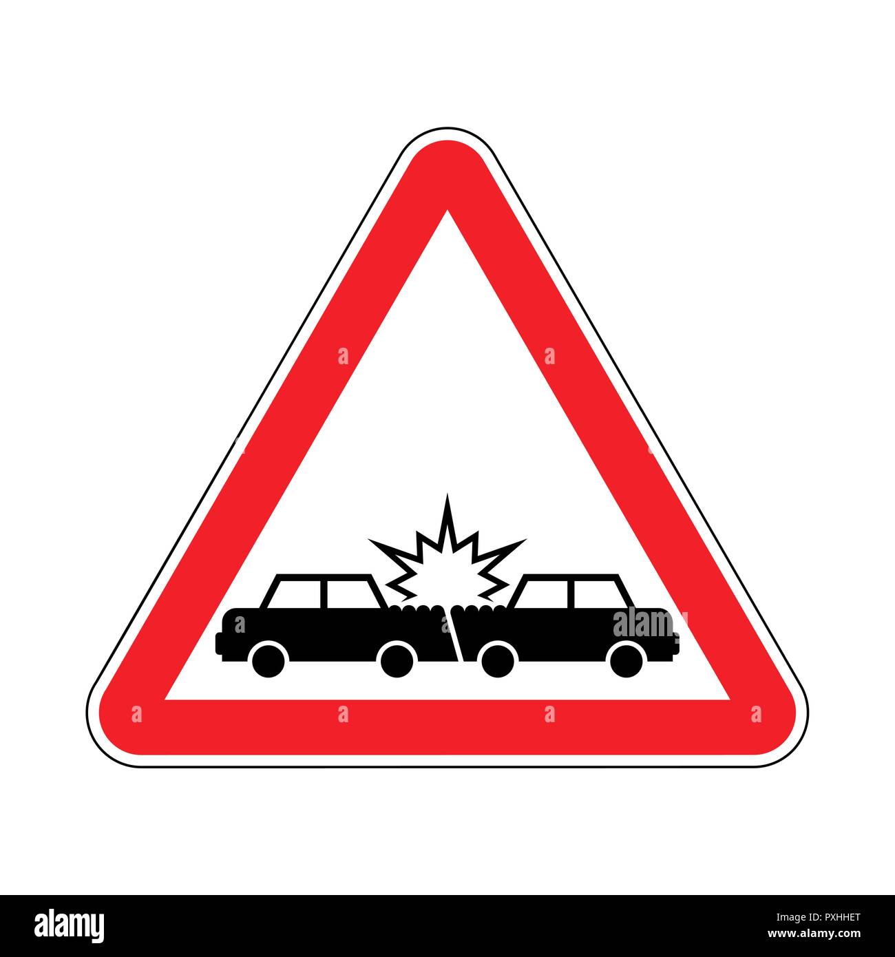 Attention Car crash. Caution Accident cars. Transportation wreck symbol. Red Danger road sign. Stock Vector