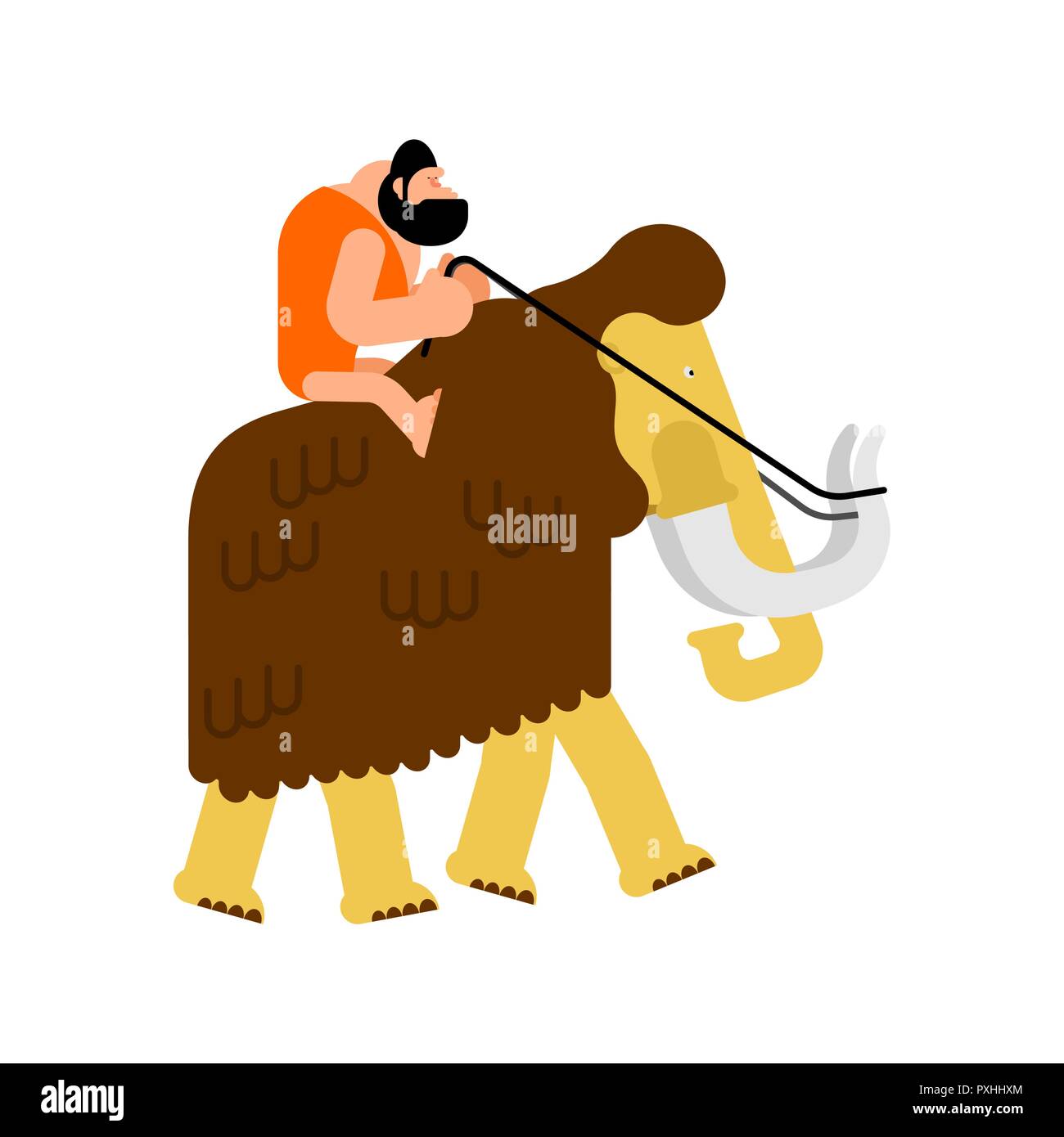 Caveman on mammoth. Prehistoric man saddled animal transport