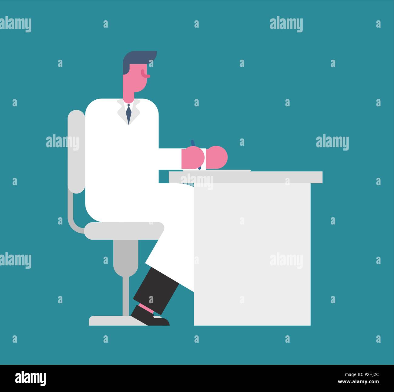 Doctor at table. Doc workplace. Medical office. Prescription Medication Stock Vector