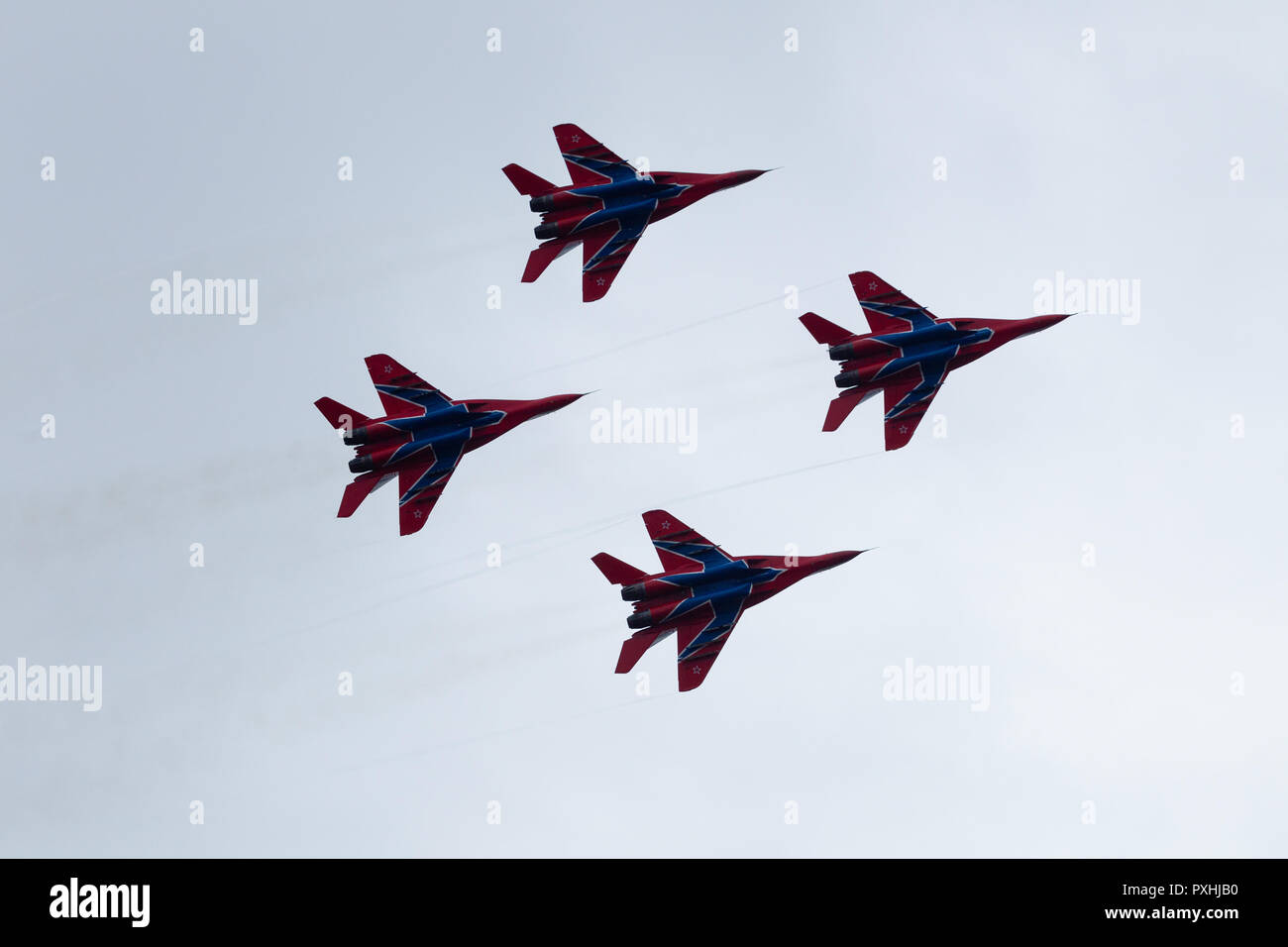 City: Kostroma. State: Kostroma. Country: Russia. Aviation group of aerobatics of the Air Force of Russia Strizhi. Aviation group Swifts. 06 10 2018ye Stock Photo