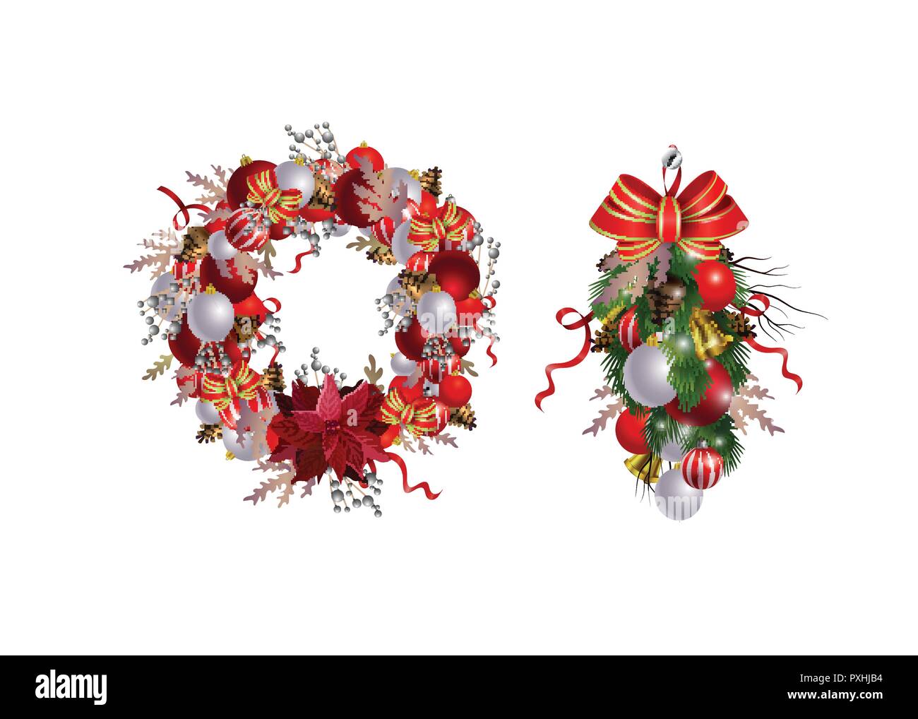 Christmas Wreath with ribbons, balls and bow isolated Stock Vector ...