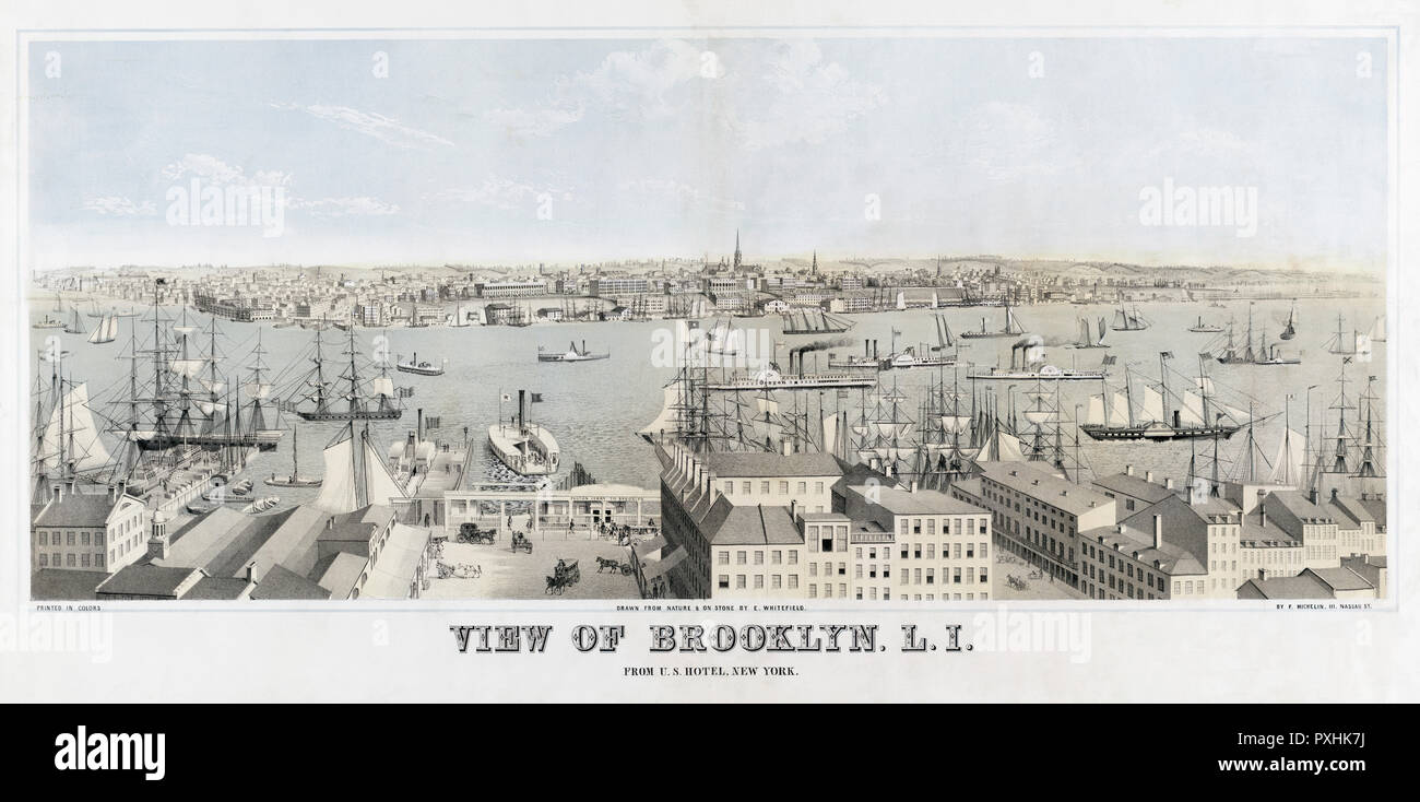 View of Brooklyn, Long Island, from U.S. Hotel, New York.  After a chromolithograph created circa 1850 by lithographer Francis Michelin, 1809/10-1878. Stock Photo