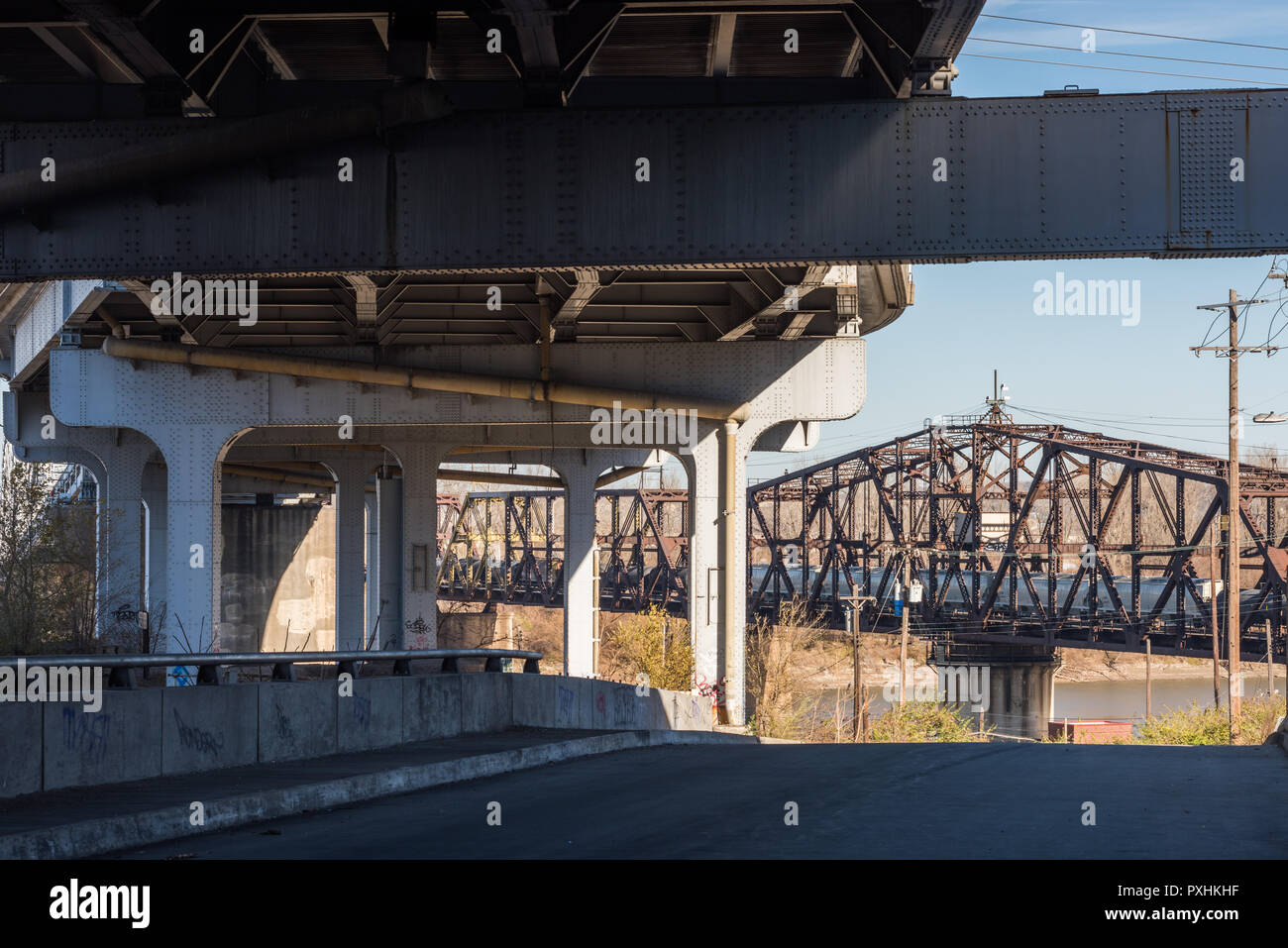 Underside of the Buck O'Neil Memorial bridge crossing the Missouri
