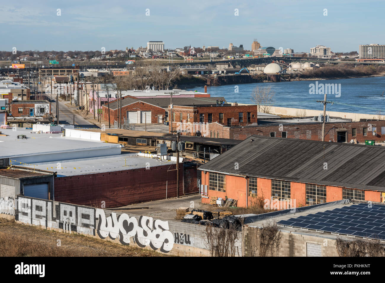 Industrial buildings on the Missouri river in downtown Kansas City Stock Photo