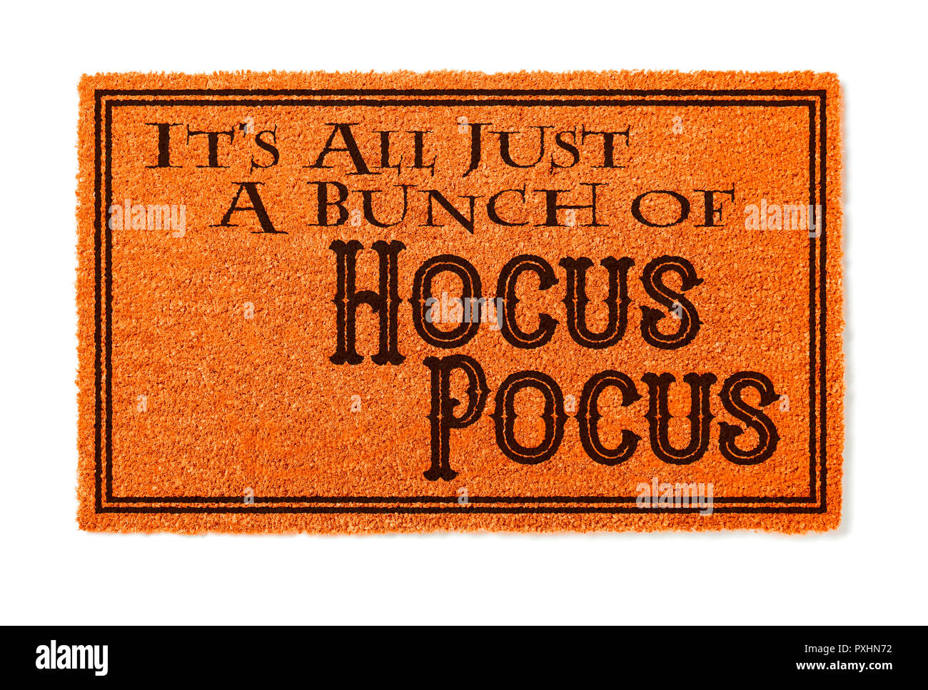 It's All A Bunch Of Hocus Pocus Halloween Orange Welcome Mat Isolated on White Background. Stock Photo