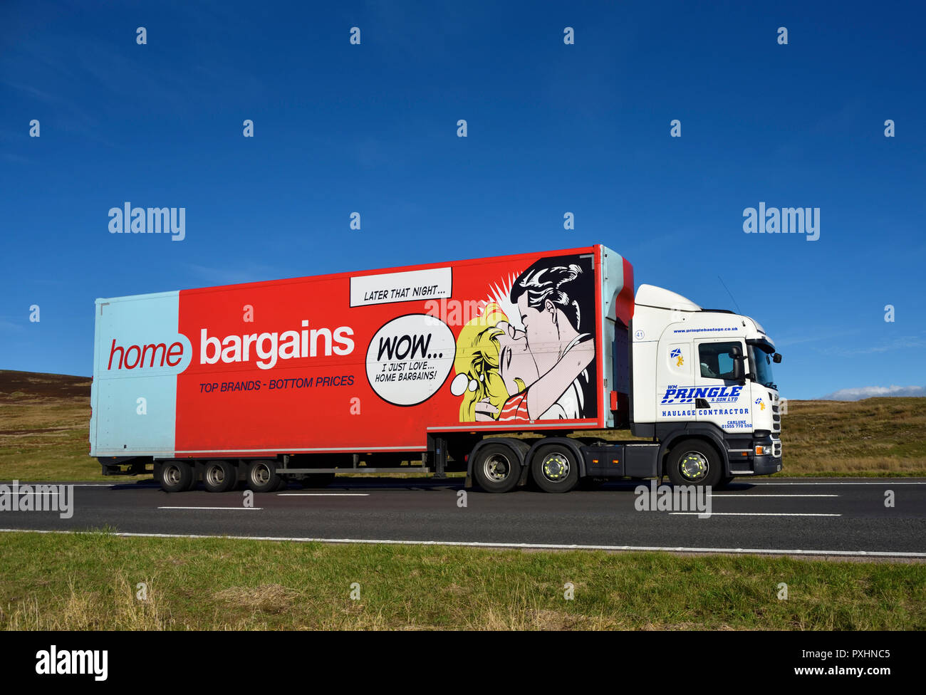 Home Bargains Trailer hauled by Wm.Pringle & Son Limited HGV. M6 motorway Southbound carriageway, Shap, Cumbria, England, United Kingdom, Europe. Stock Photo