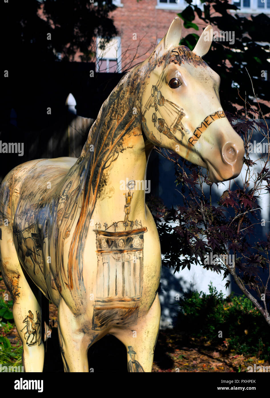 An example of horse decor found throughout downtown Saratoga Springs, NY, USA Stock Photo