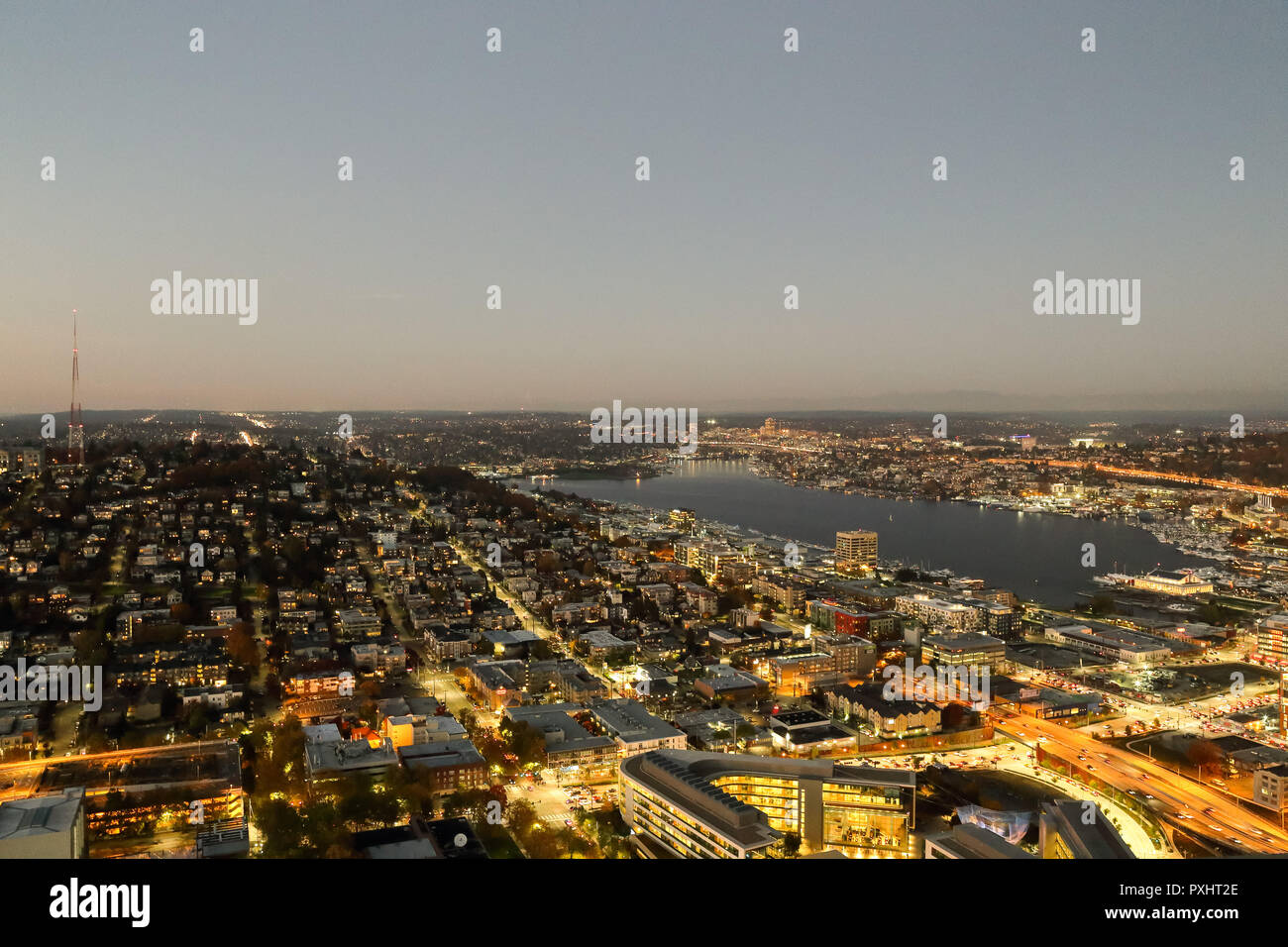 A View Over Elliott bay and Seattle Urban Downtown City Skyline