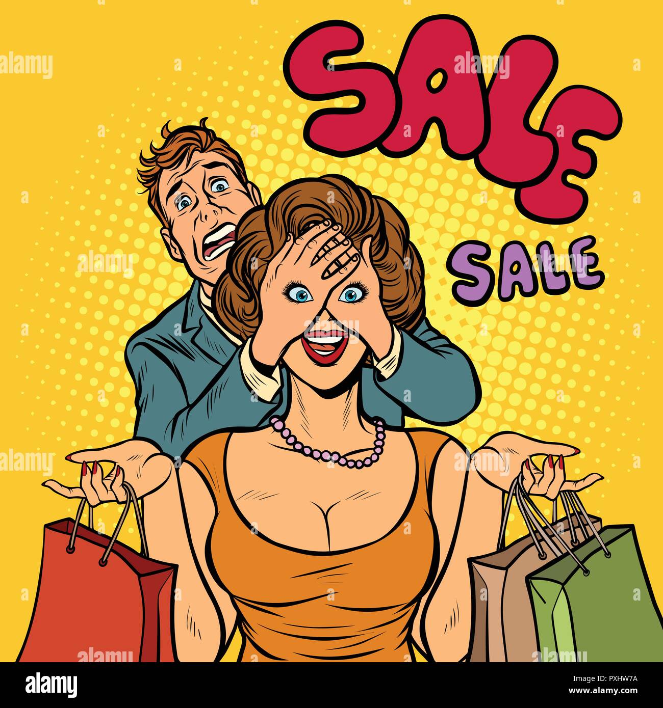 husband and wife on sale shopping Stock Vector