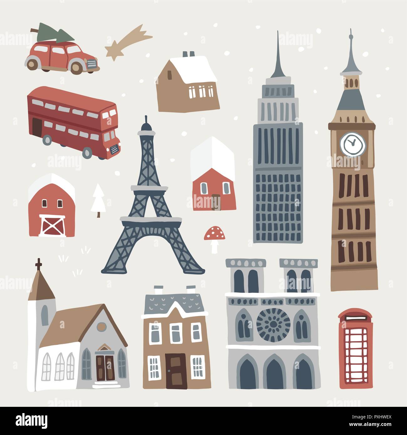 Set of cute winter city, town and village icons. Hand drawn houses, church, Eiffel and Big Ben tower, doubledecker and car. Christmas design. Isolated vector objects, flat design. Stock Vector
