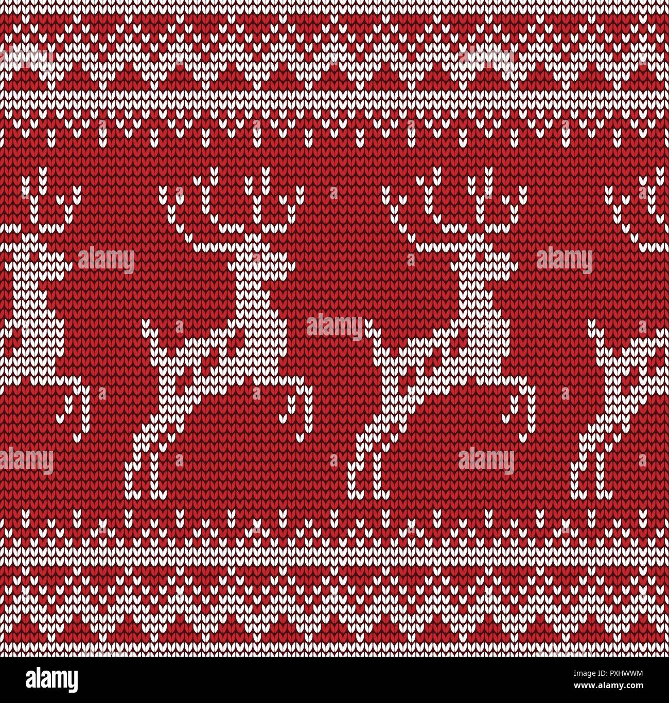 Abstract red and white seamless knitting pattern with deers background ...
