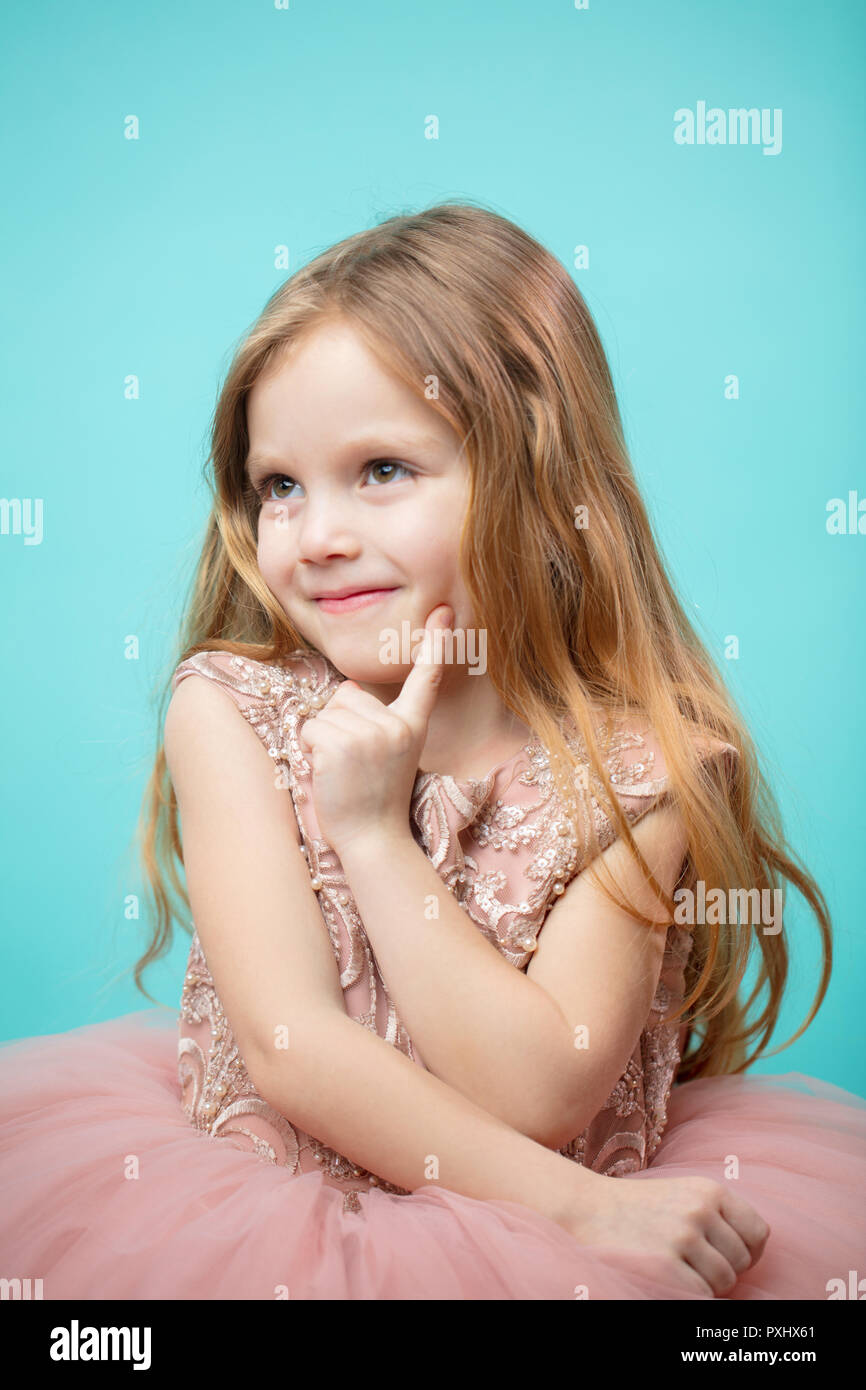 Portrait of adorable 4-year old girl in pink princess dress isolated over  blue Stock Photo - Alamy