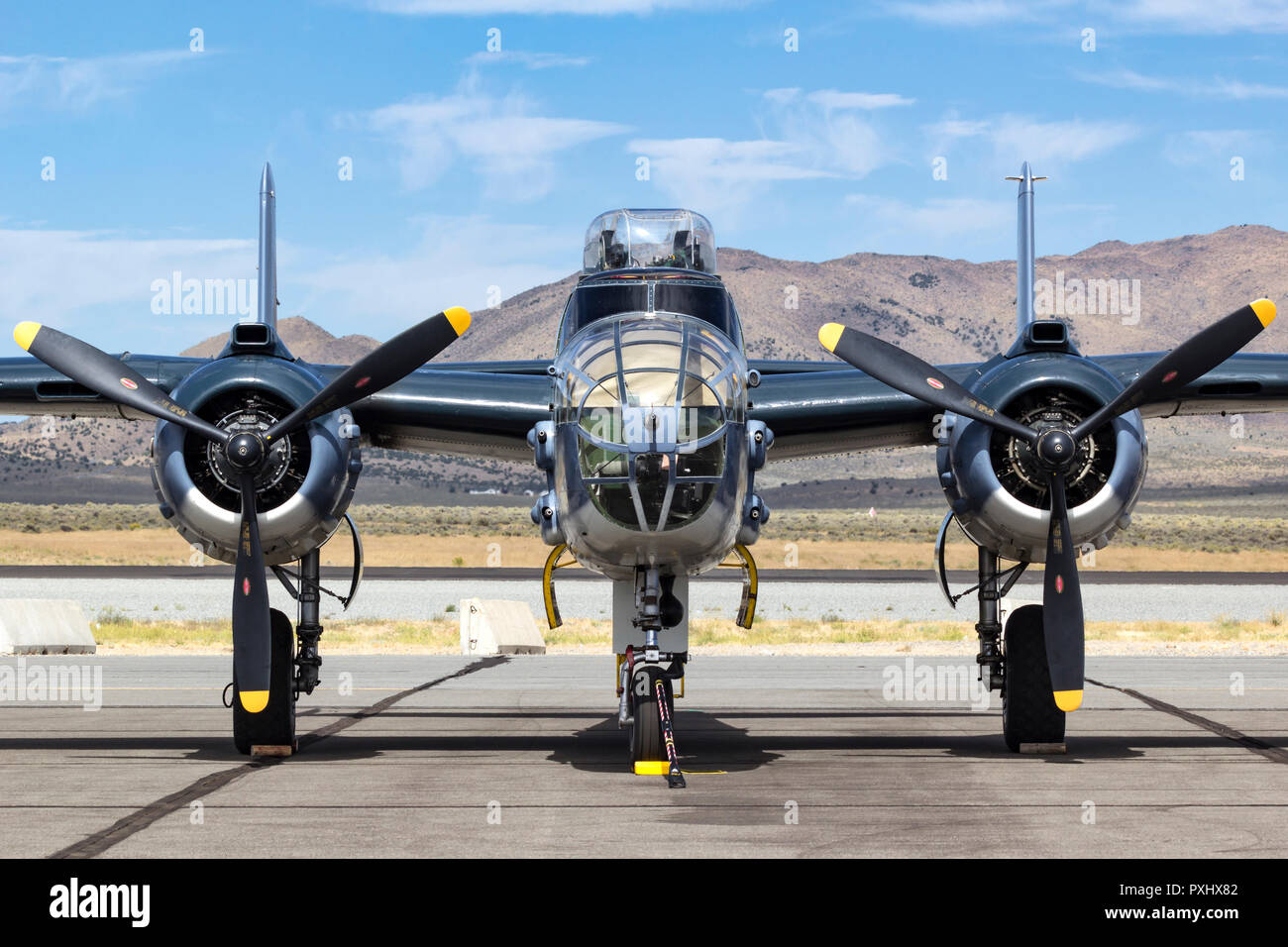 North American B-25 Mitchell medium bomber sits on the ramp at Reno-Stead Airport in Nevada. Stock Photo