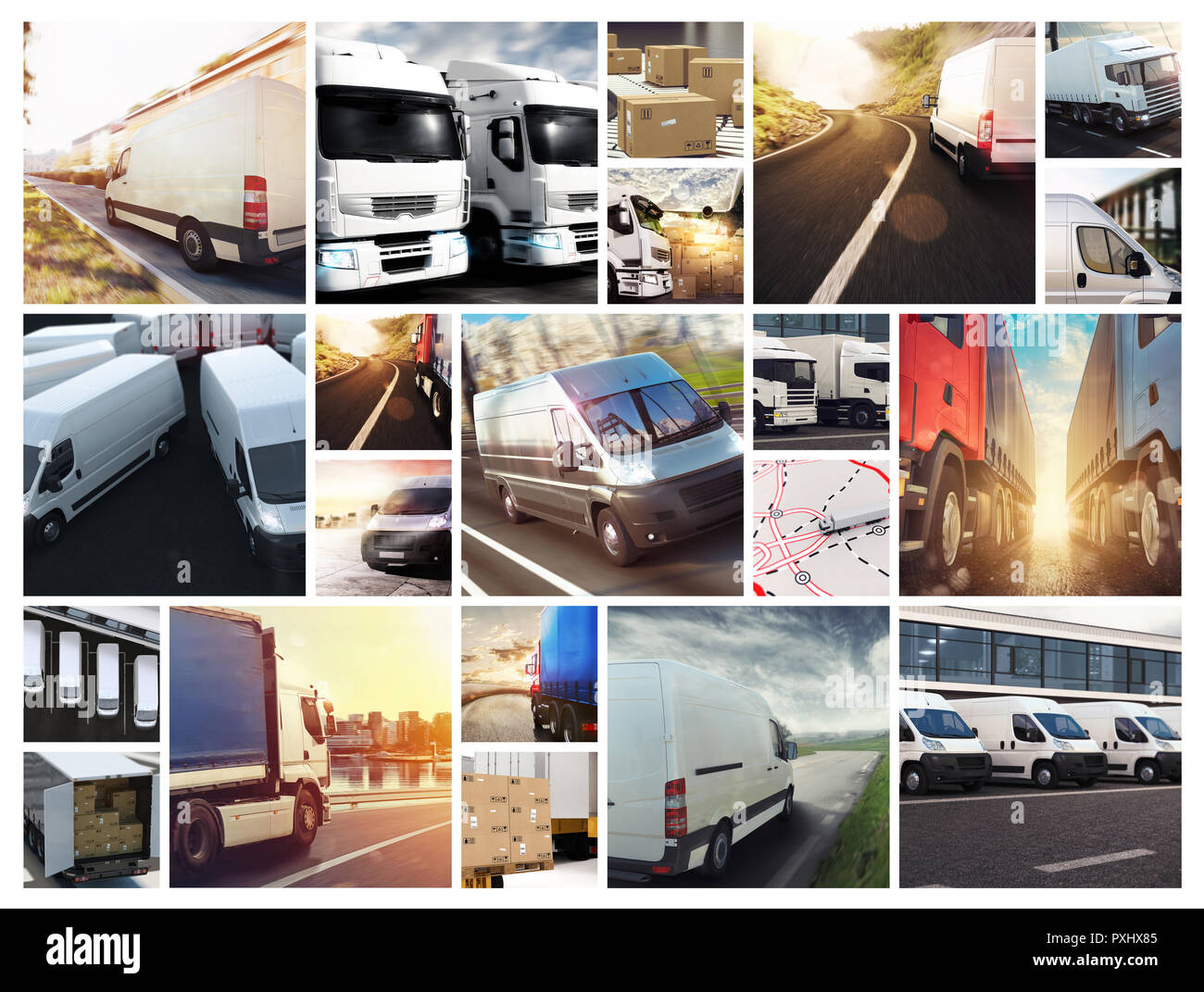 Collage composition with vans and trucks. Concept of transport and logistic Stock Photo