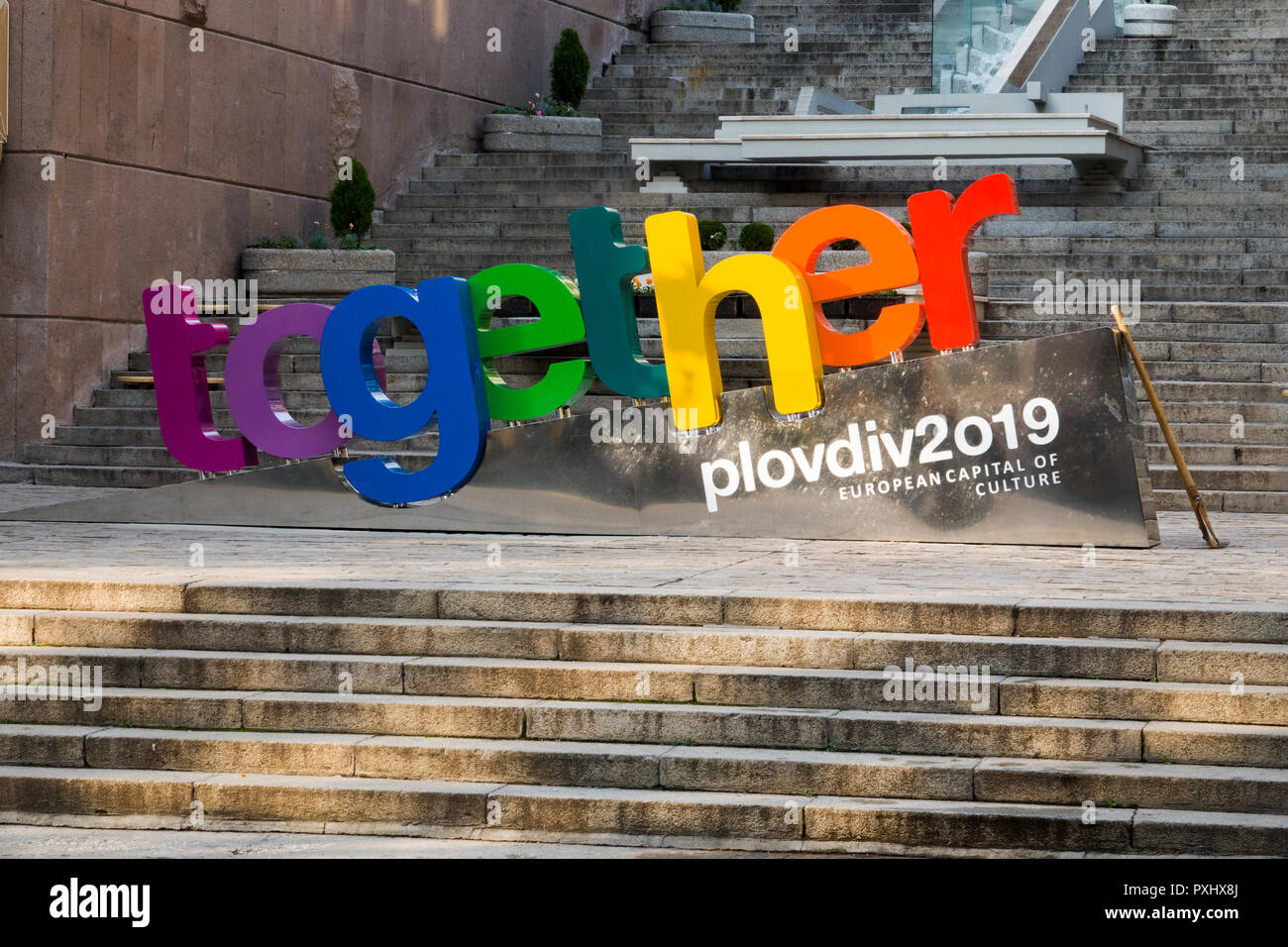 Sign in Plovdiv city centre - Together Plovdiv European capital of culture 2019 Stock Photo