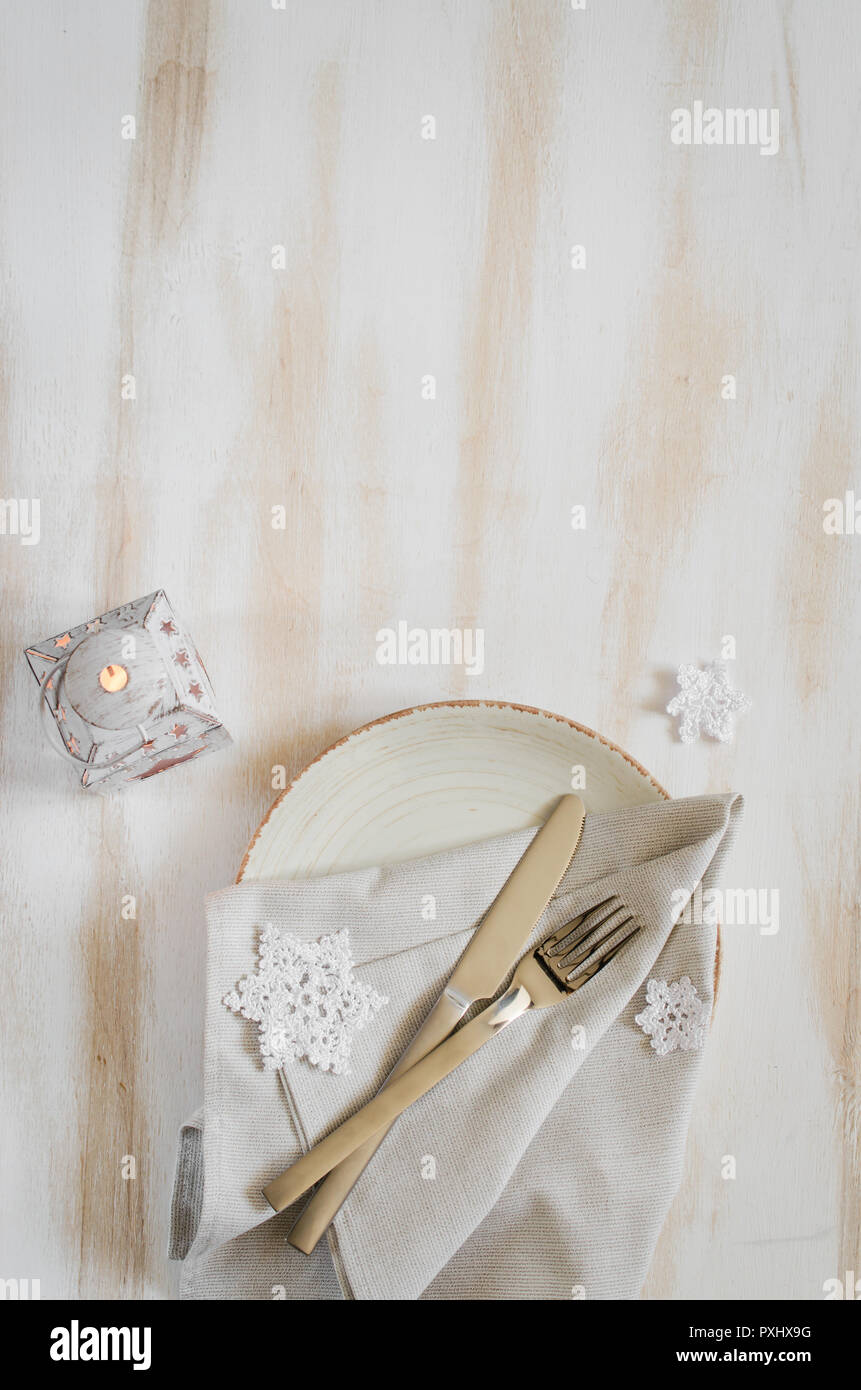 Christmas Table Place Setting With Xmas Decorations At Vintage Or Provence Style With Lantern Silverware With Linen Napkin And Decorative Snowflakes Stock Photo Alamy