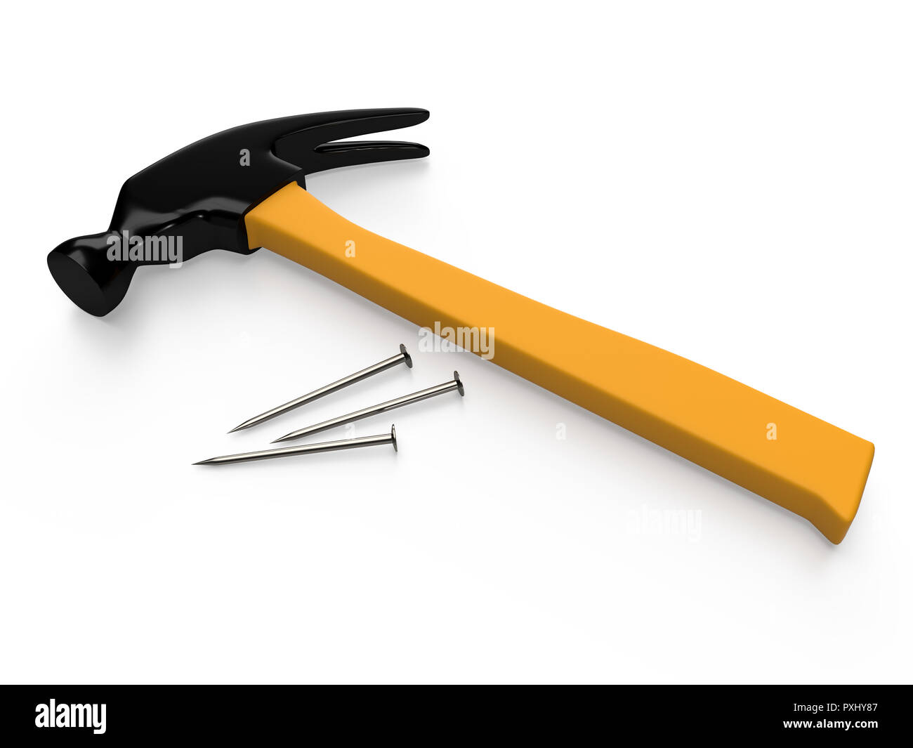 Hammer and nails on white background, isolated. 3D rendering Stock