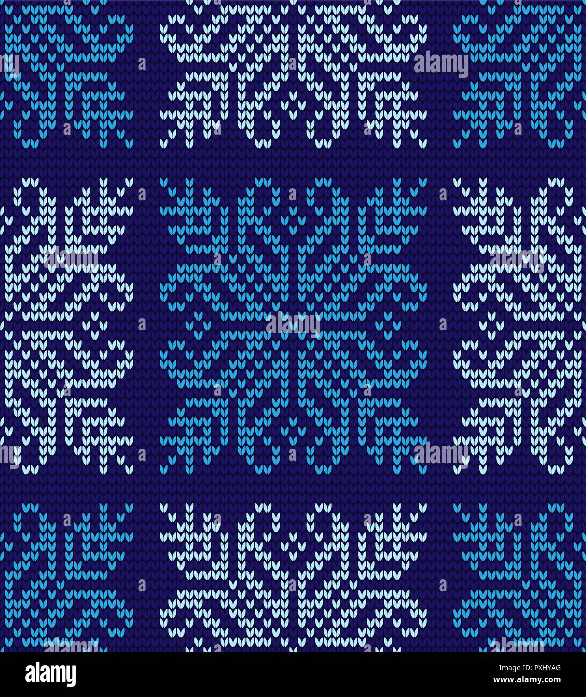 Abstract blue and white seamless knitting pattern with snowflakes background Stock Vector