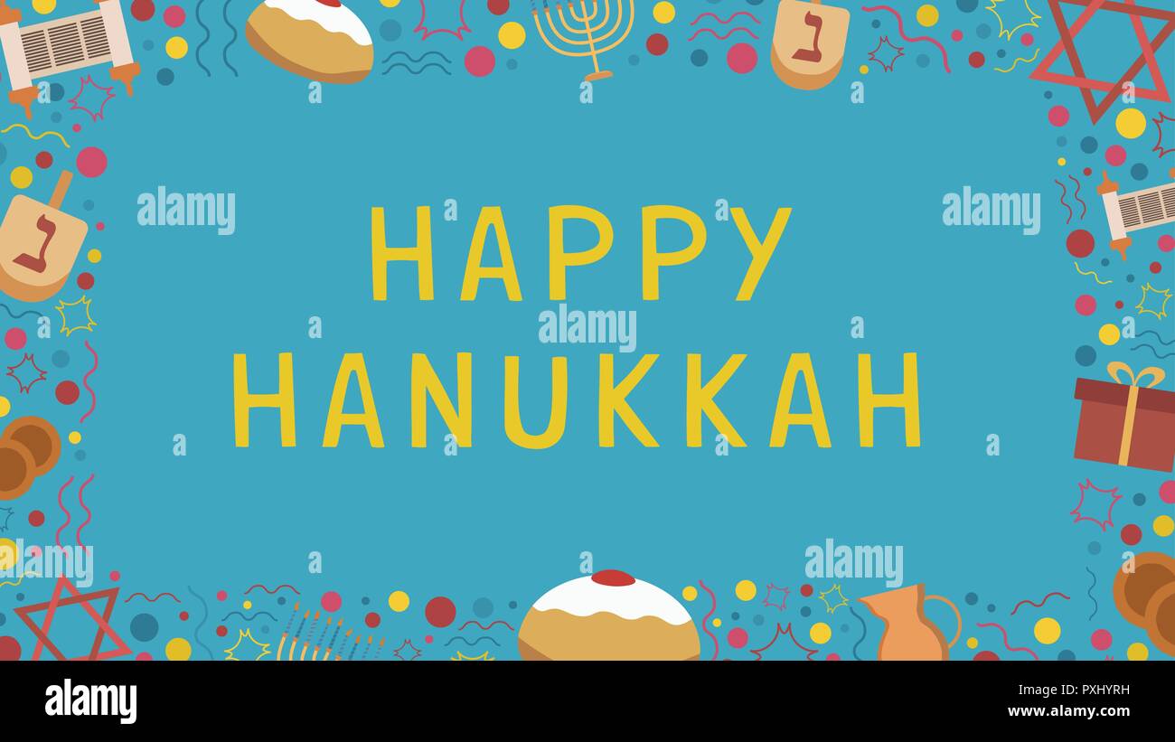 Frame with Hanukkah holiday flat design icons with text in english 'Happy Hanukkah'. Template with space for text, isolated on background. Stock Vector