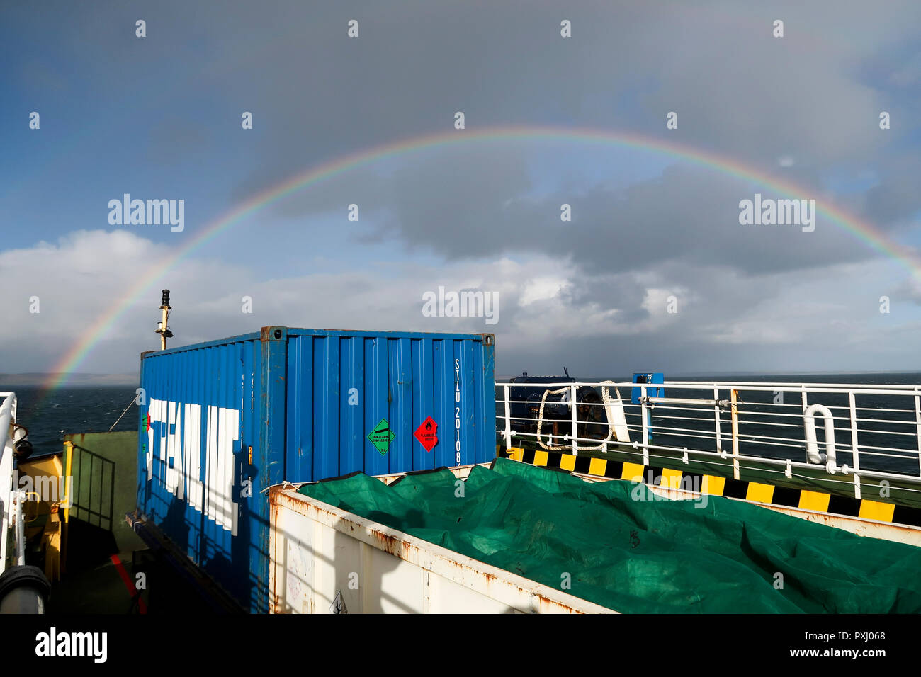Rainbow over Scapa Flow Orkney Islands from Flotta ferry Stock Photo