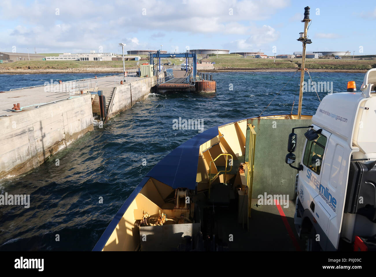 Pier at Flotta oil terminal Orkney Stock Photo