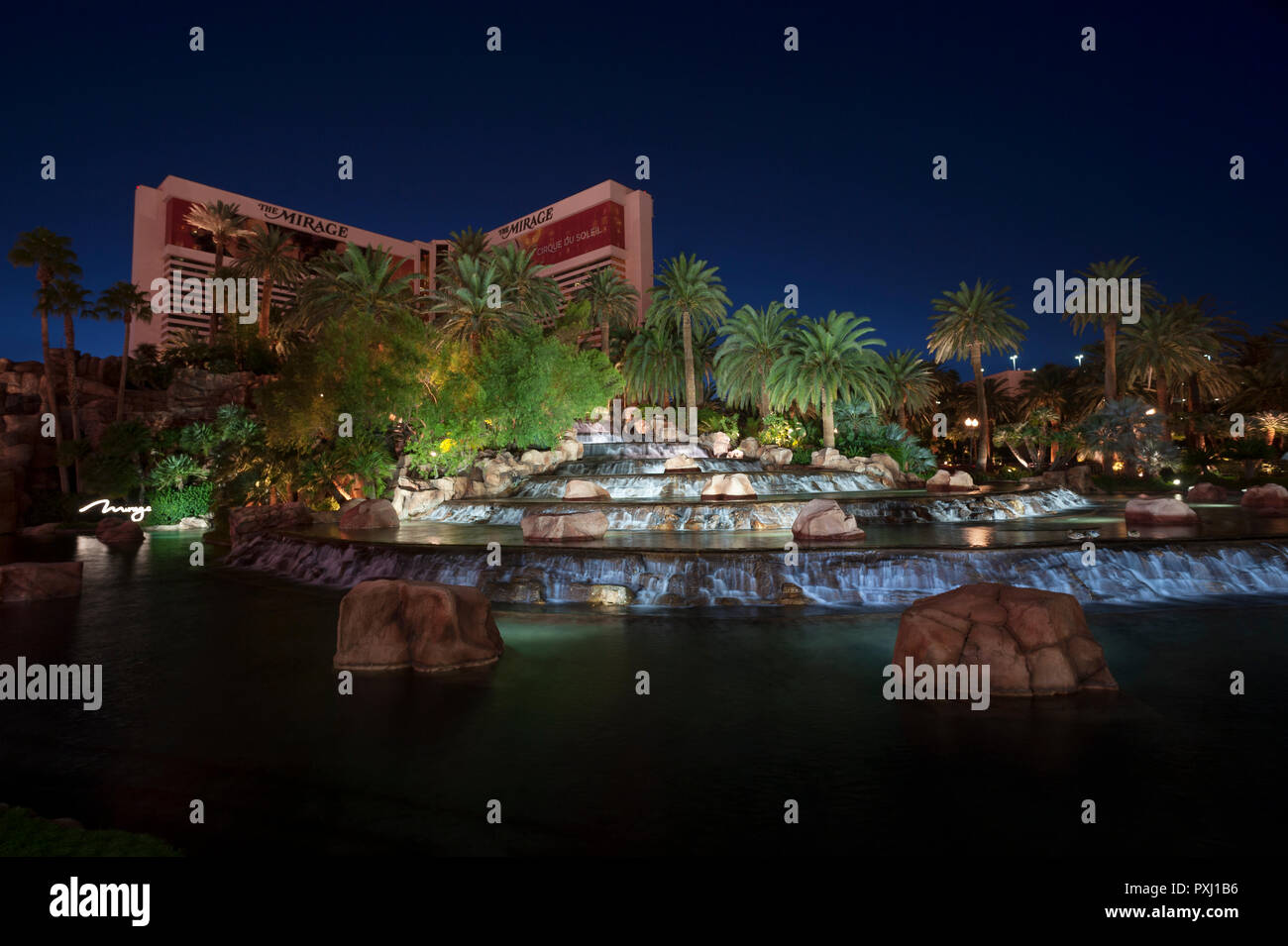 The Mirage Hotel and its tropical oasis and cascade at blue hour, Las