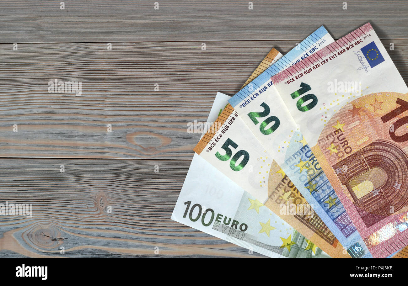 money euro euros bill banknotes save expenses earnings Stock Photo