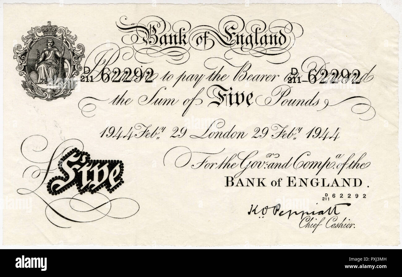 1944 English five pound note, money Stock Photo