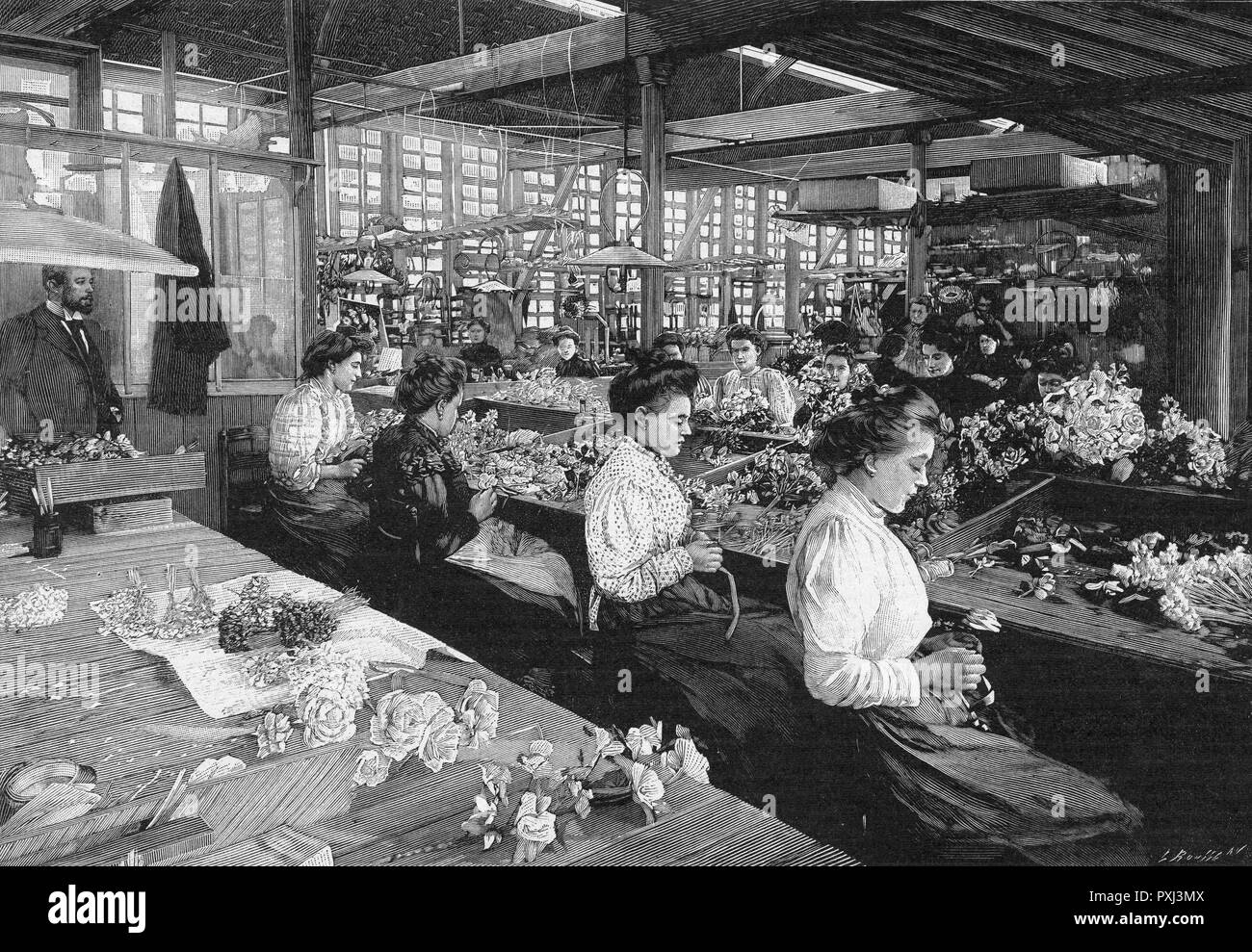 Making funeral wreaths in a factory Stock Photo