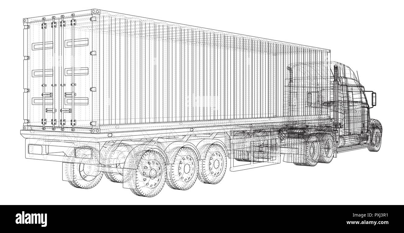 Cargo Truck Trailer. Wire-frame. EPS10 format. Vector rendering of 3d Stock Vector
