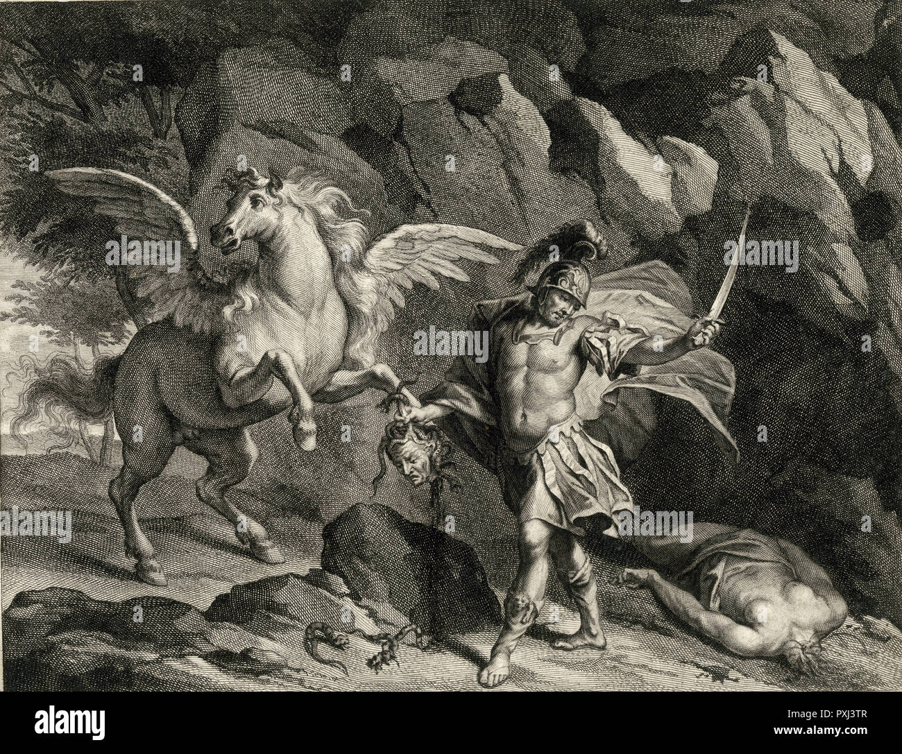 PERSEUS slays MEDUSA, not looking at her because to see her is fatal ; his horse Pegasus also looks away Stock Photo