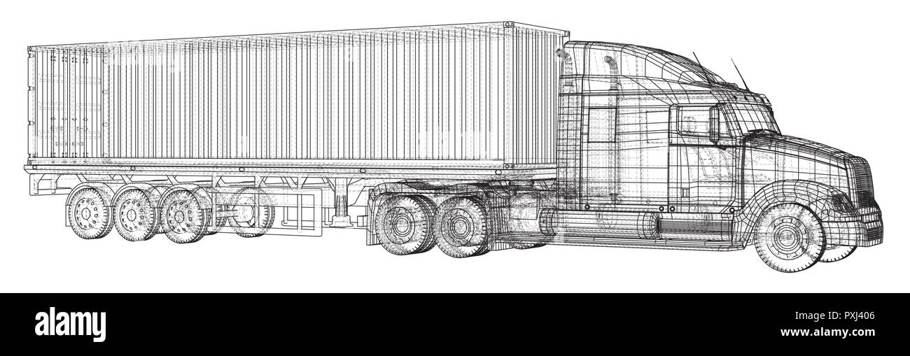 Trailer truck. Abstract drawing. Tracing illustration of 3d. Stock Vector