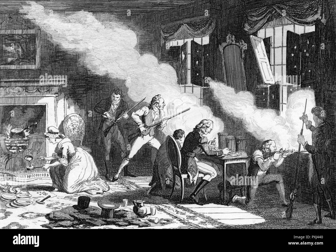 'The Reverend McGhee's house successfully defended against the Rebels': Gentlemen load and fire weapons from windows whilst lady (at fireplace) manufactures lead shot.     Date: June 1798 Stock Photo