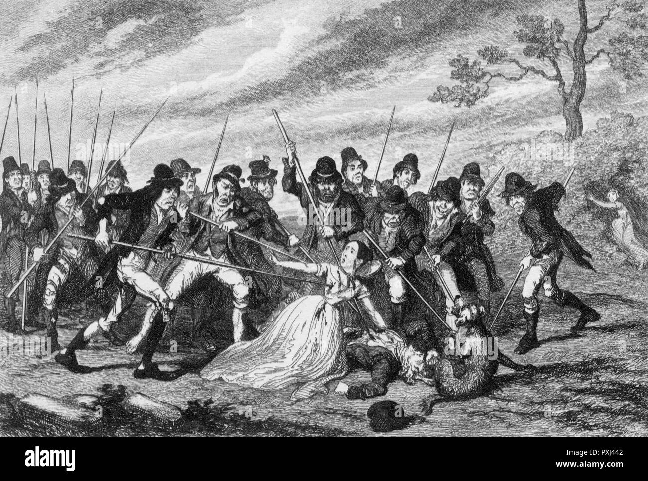 'Murder of George Crawford and his Grandaughter': Irish rebels with spears kill pair and their dog, witness hides in bushes (slightly blurred original)     Date: May 1798 Stock Photo